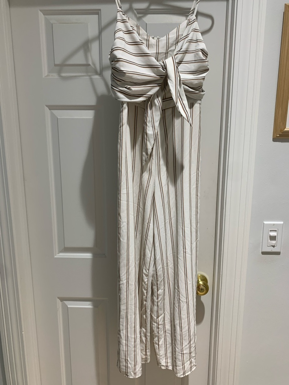 Striped Tie-Front Crop Jumpsuit in Cream and Brown